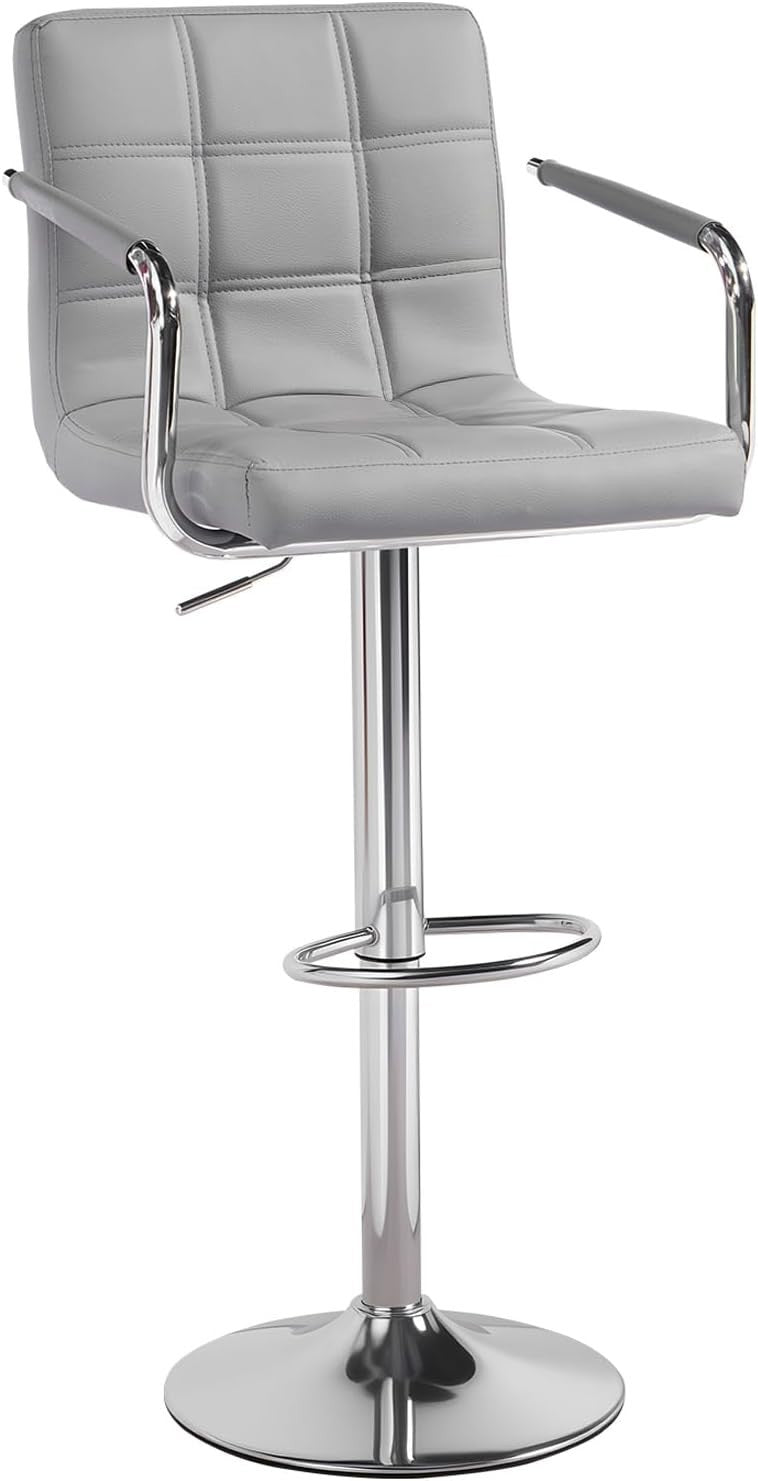 Grey PU Leather Bar Stool Adjustable Height 360° Swivel with Armrest