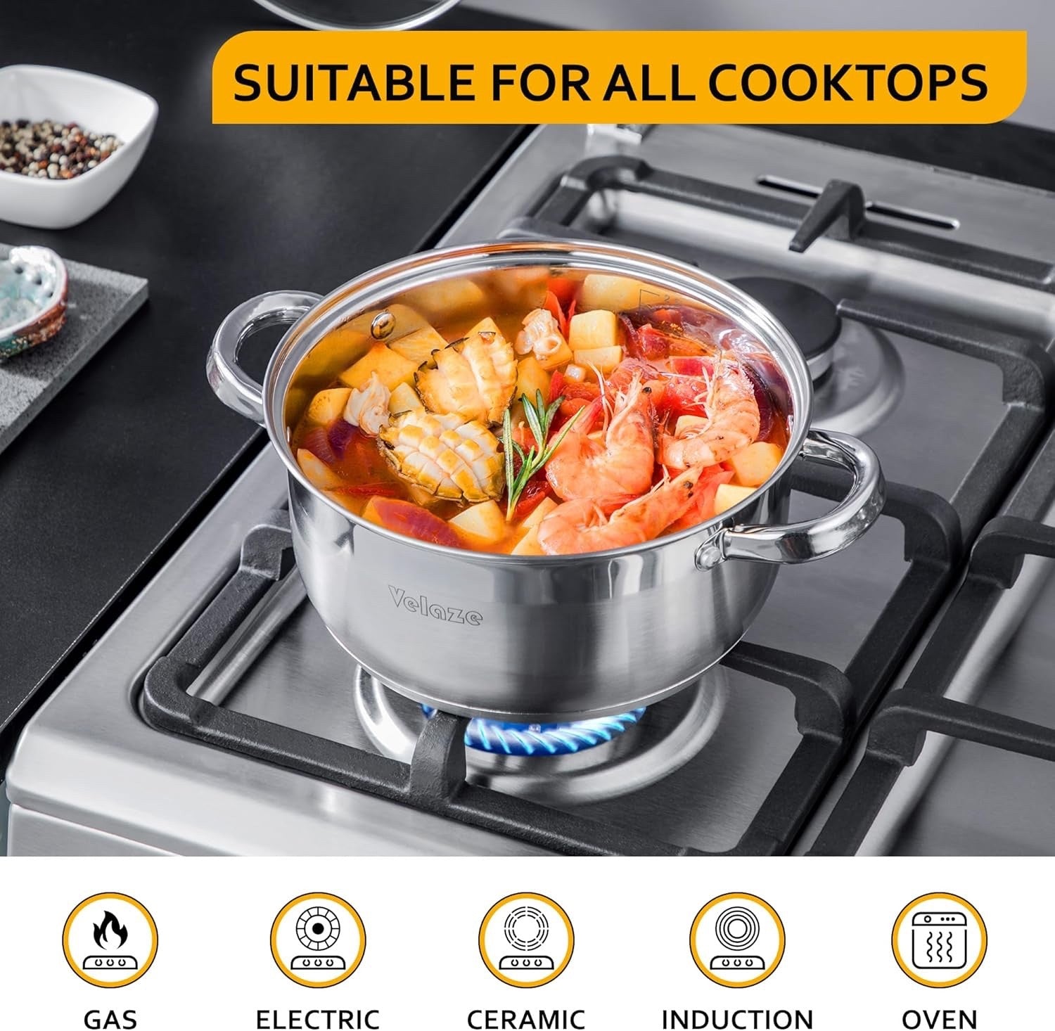 7Pcs Stainless Steel Cookware Pot Set with Glass Lids Induction & Gas Compatible