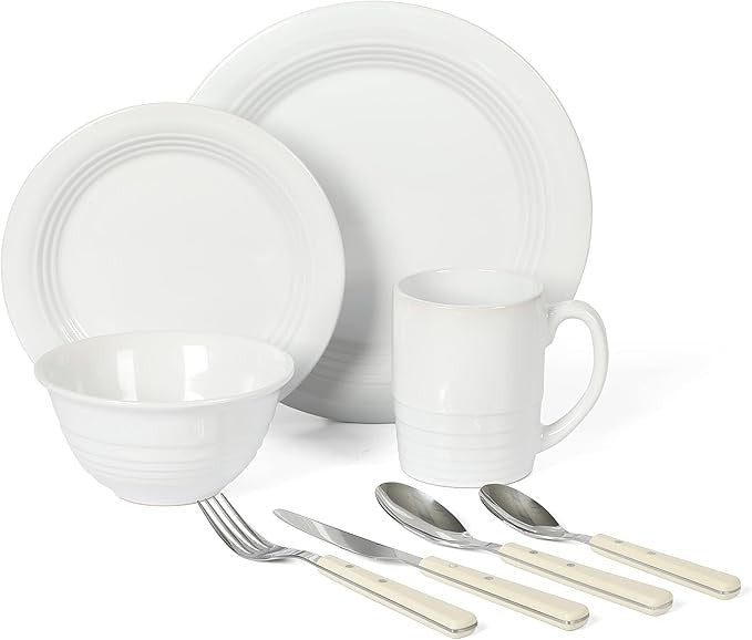 32pc Stoneware Dinnerware & Cutlery Set Service for 4 Linen White Plates