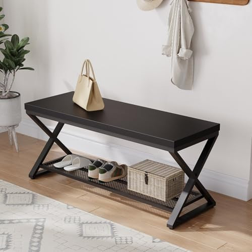 Black Oak Industrial Entryway Storage Bench Metal Frame Shoe Rack Seat 100x36x46