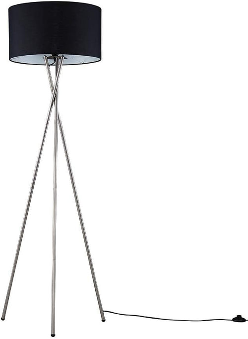 Modern Chrome Tripod Floor Lamp Black Shade Tall Living Room Bedroom Light