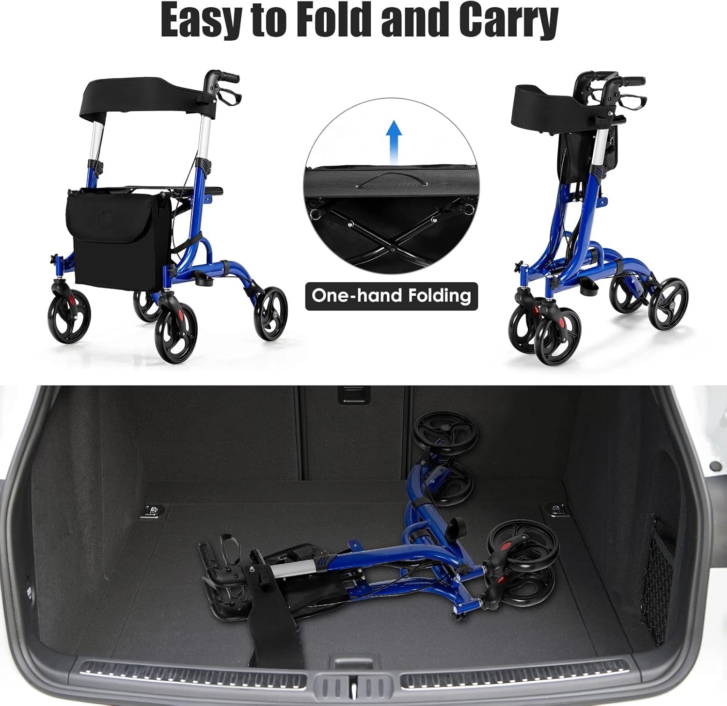 Lightweight Rollator Walker with Seat 4 Wheel Folding Adjustable Mobility Aid