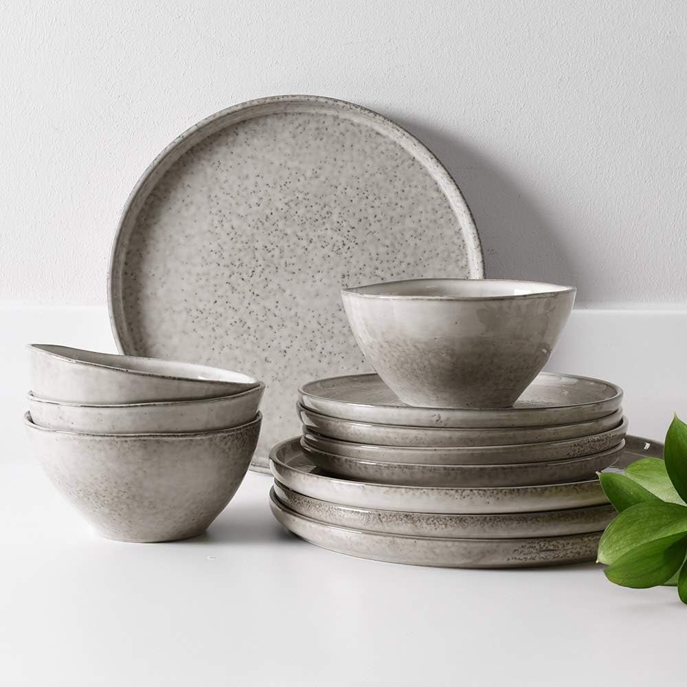 12pc Stoneware Dinner Set Grey Reactive Glaze Plates Bowls Dishwasher Safe