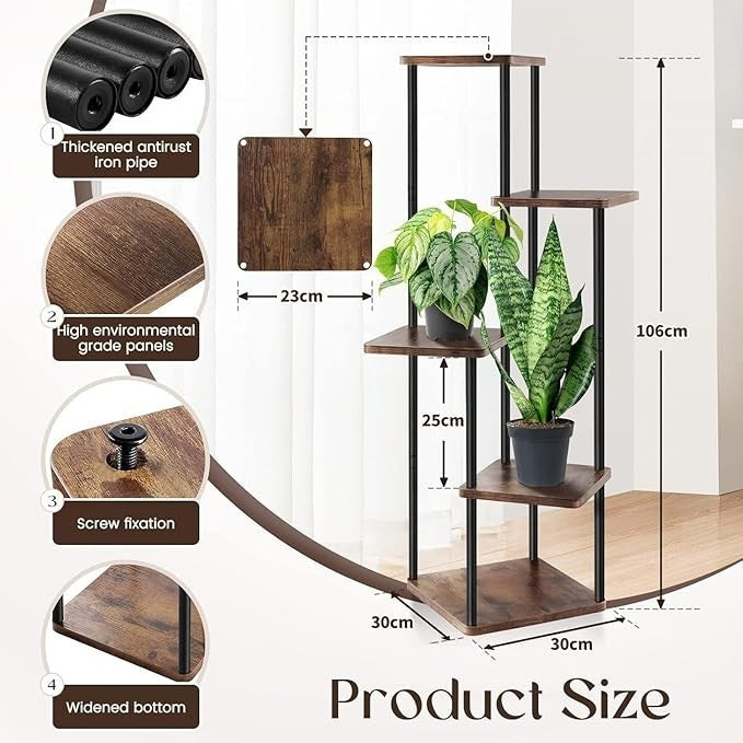 5-Tier Indoor Plant Stand, Metal Wood Display Rack for Home & Balcony