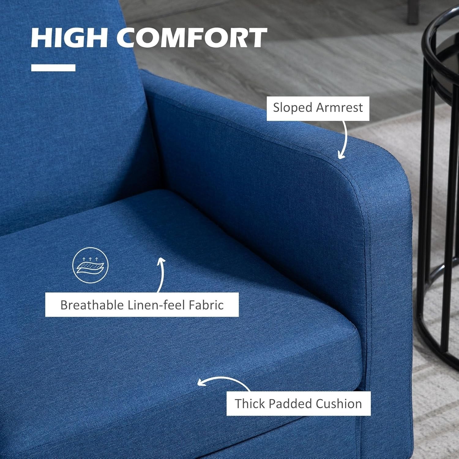 Modern Blue Linen Armchair with Spring Cushion, Wood Legs – Living Room Cozy