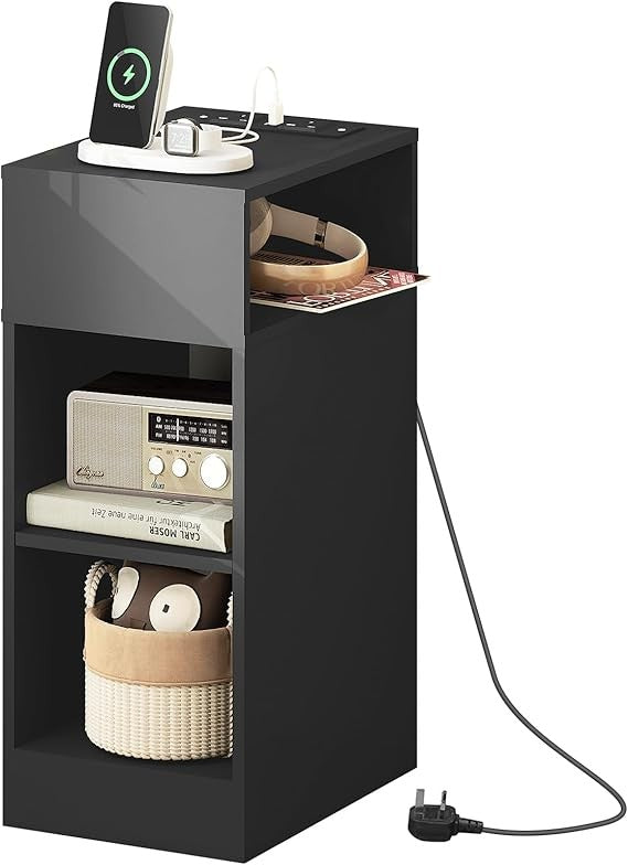 Black Slim Bedside Table with Charging Ports & 3 Shelves, Modern Narrow