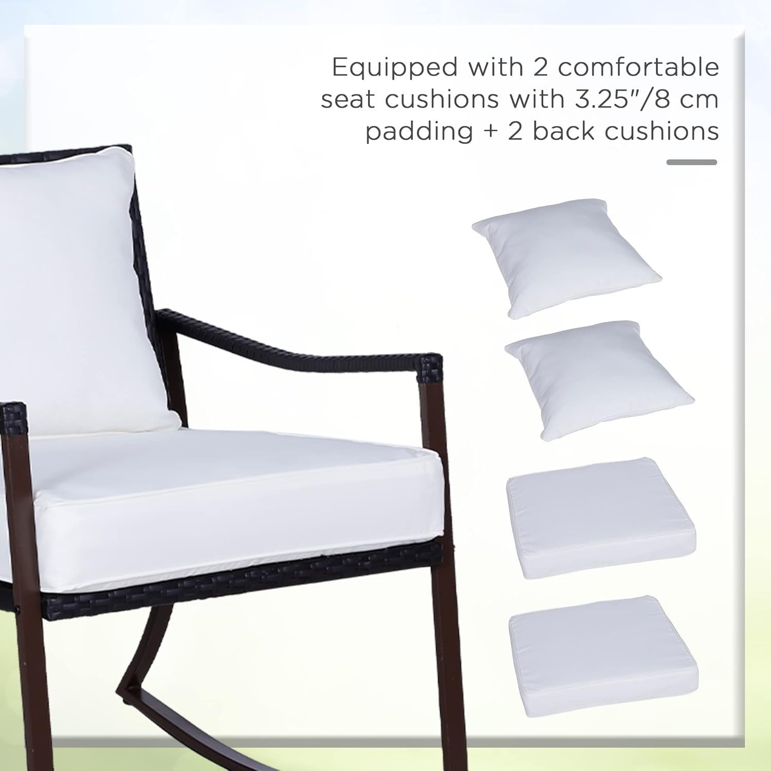 Rocking Rattan Bistro Set 3PC Armchairs Round Glass Table Cushioned Patio