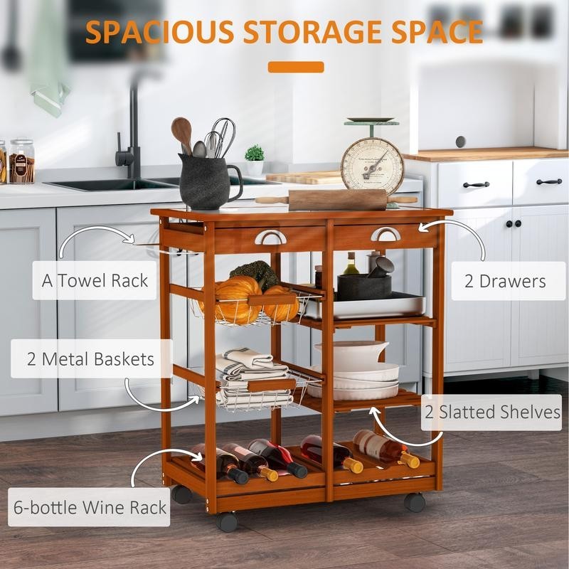 Wooden Kitchen Trolley with Wine Rack, Drawers & Tile Top – Honey Finish