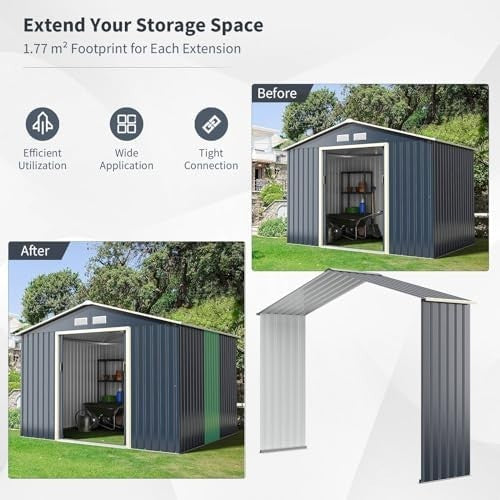 Metal Garden Shed Outdoor Storage 9x6FT Lockable Sloped Roof + Extension