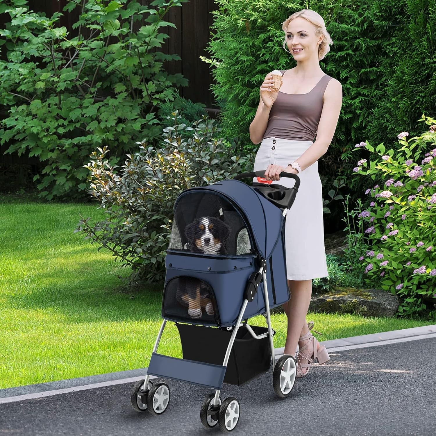 Pet Stroller Foldable Dog Cat Pushchair 4 Wheels Small Medium Pets 15kg