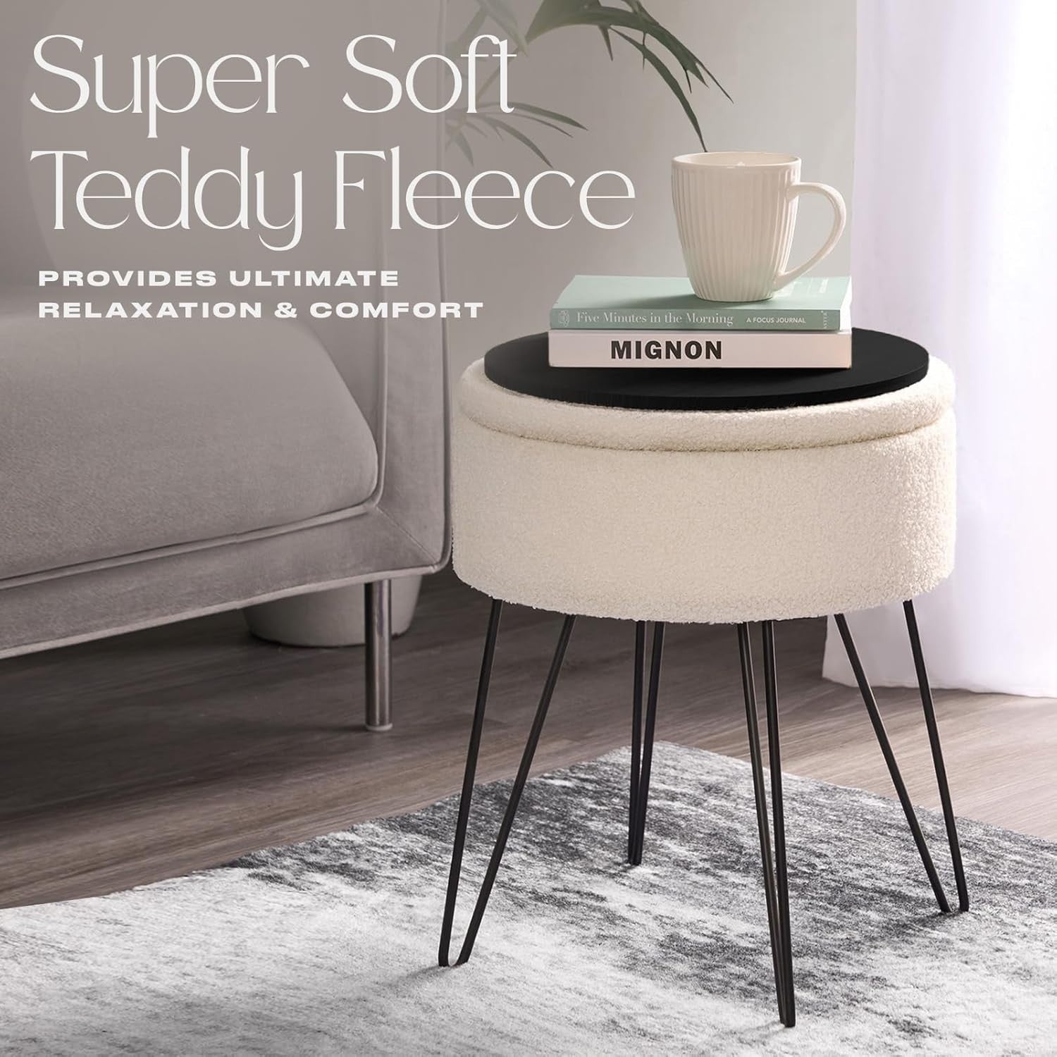Cream Bouclé Storage Footstool Round Vanity Stool Hairpin Leg Ottoman