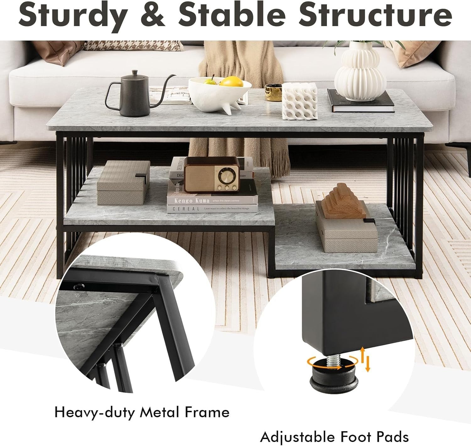 3-Tier Faux Marble Coffee Table with Storage Shelves & Sturdy Metal Frame
