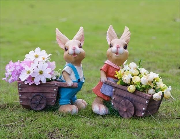Blue Rabbit Garden Ornament with Wheelbarrow • Large Resin Outdoor Statue Decor