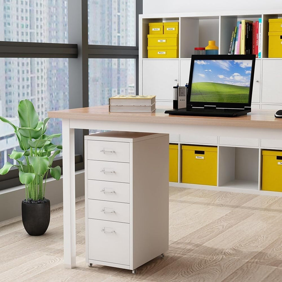 White Metal Filing Cabinet 5 Drawer on Wheels Tall Office Storage