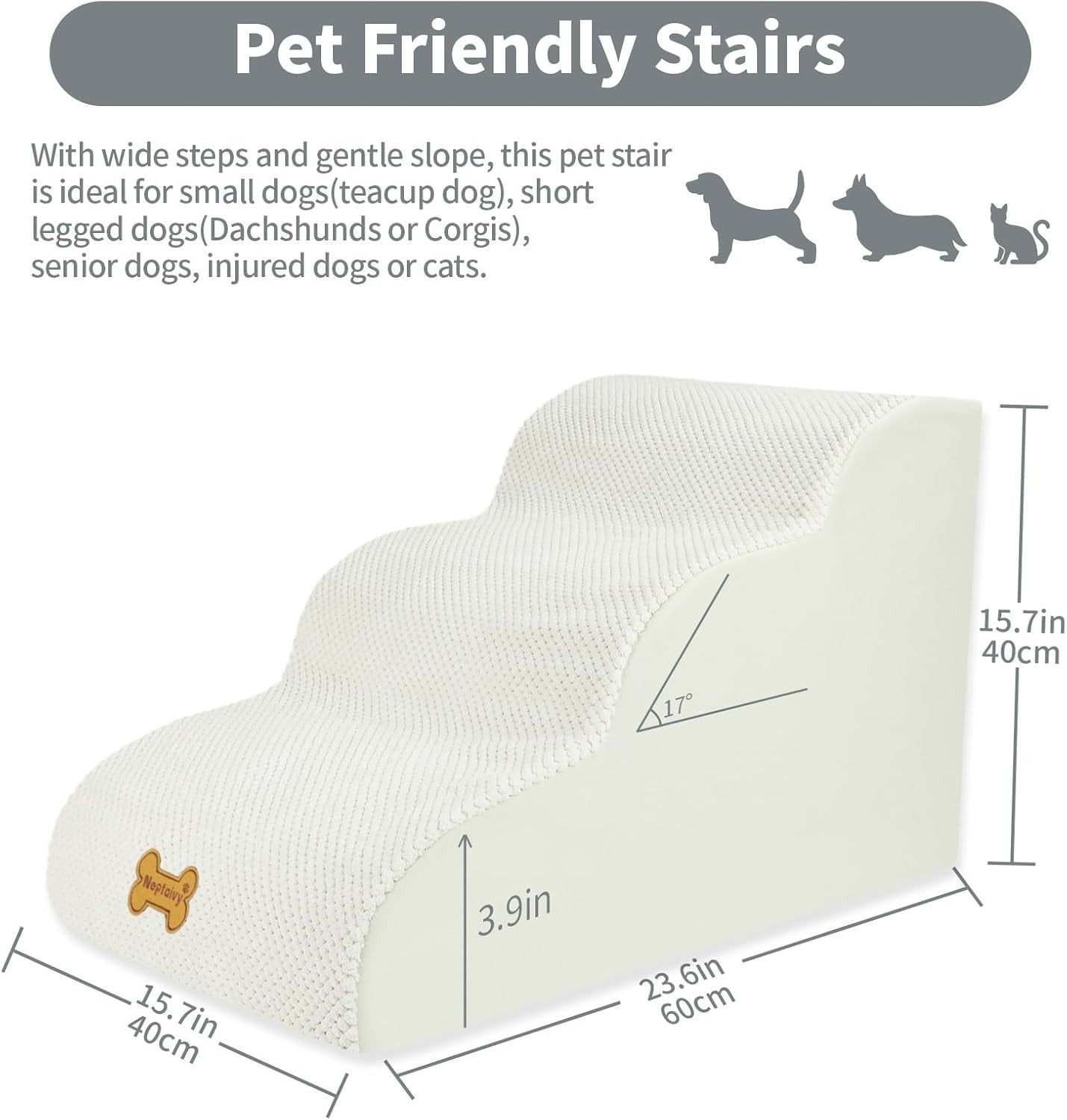 3-Step Dog Stairs Non-Slip Pet Ramp Small Dogs Cats Beige
