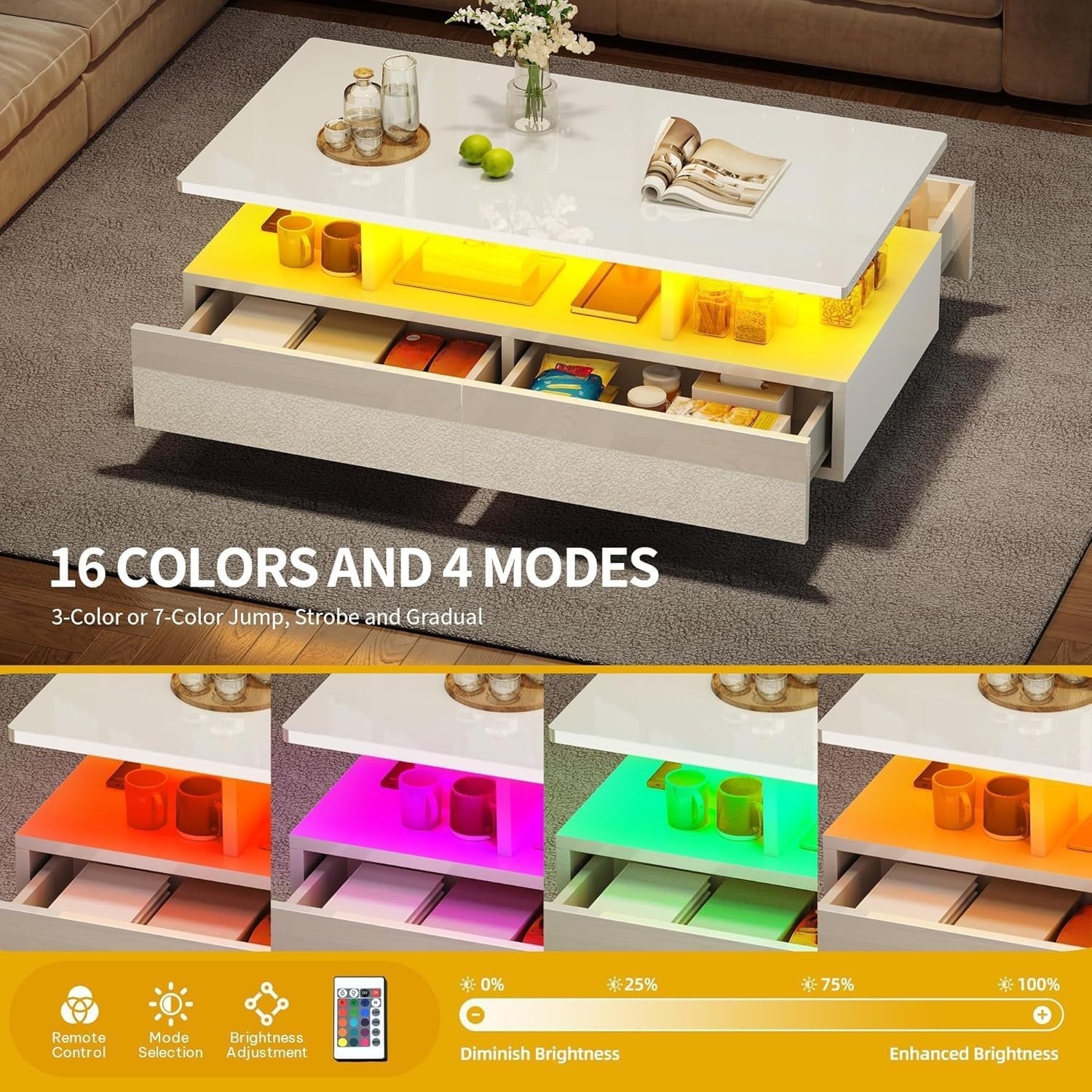 Modern High Gloss Coffee Table with 4 Drawers & 16-Color LED Lights, 90cm