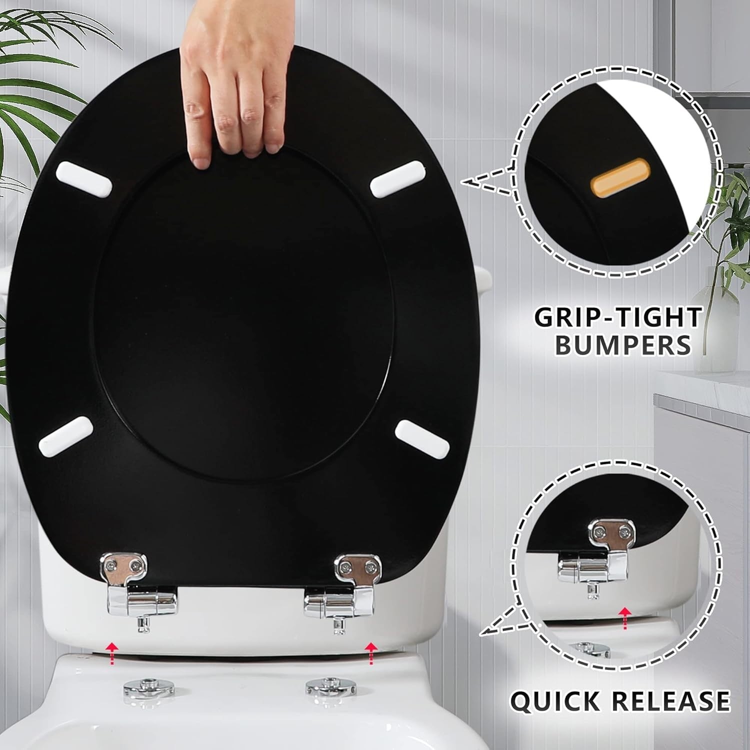 Black Wooden Toilet Seat Soft Close Quick Release Antibacterial Oval