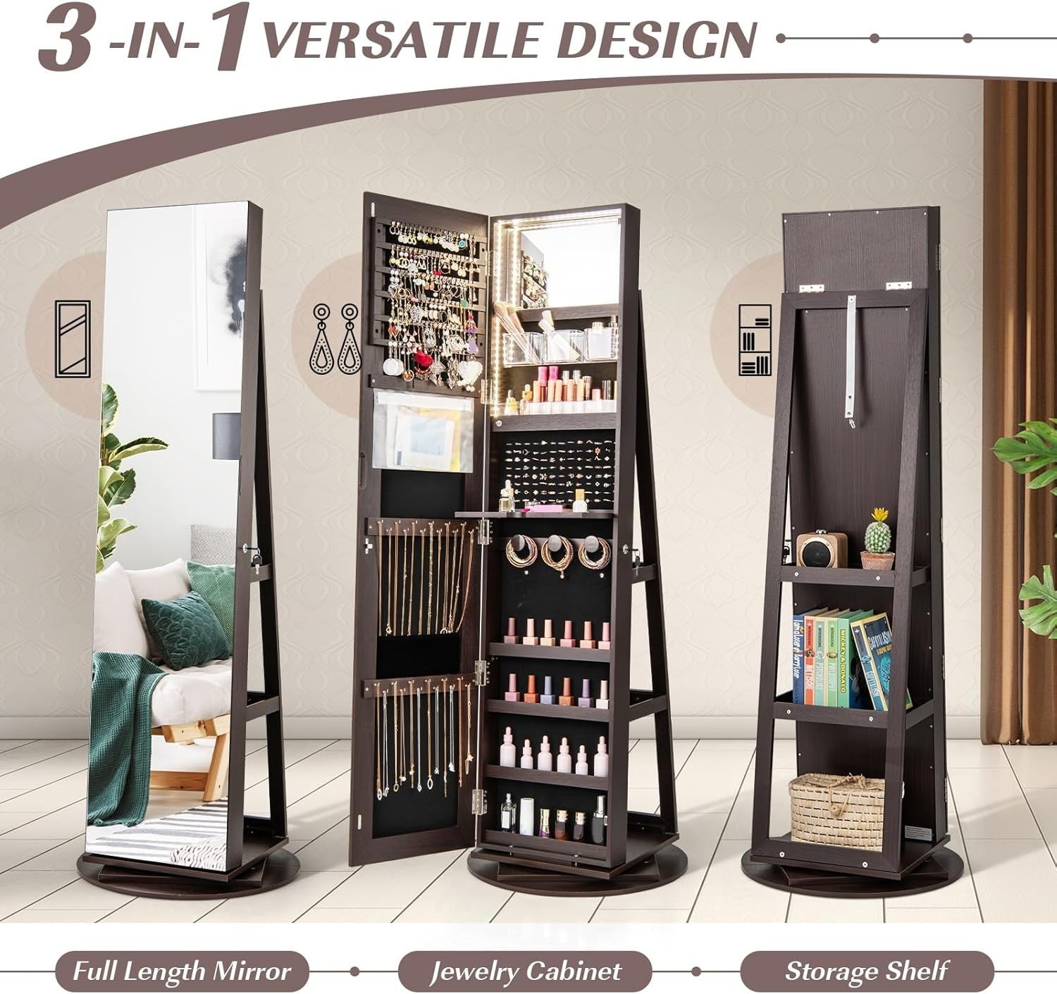 360° Swivel Jewelry Armoire Lockable Full Length Mirror LED Storage