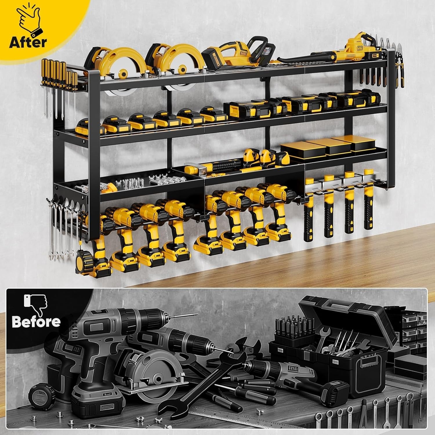 49" Wall-Mount Tool Organizer 4-Tier 12 Drills Holder Black