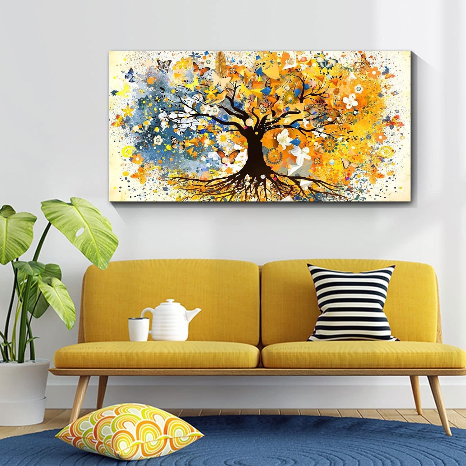 Large Tree of Life Canvas Wall Art Yellow Abstract Framed Print 100x50cm