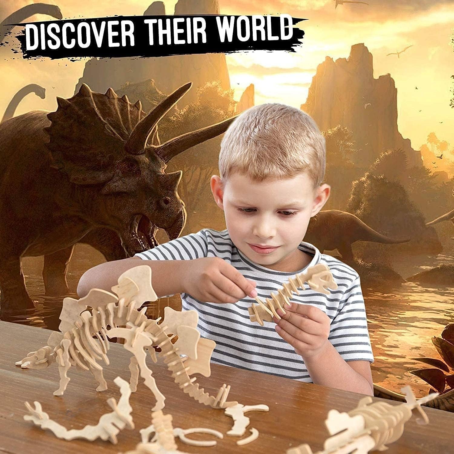 3D Dinosaur Puzzle Set – 4pc Wooden Dino Model Kit for Kids & Adults Gift