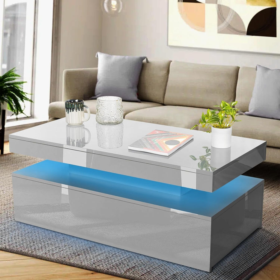Grey LED Coffee Table with 2 Drawers, High Gloss, RGB Lights 94x47x38cm