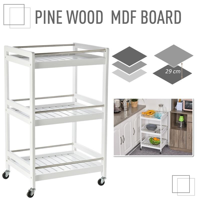 3-Tier Rolling Kitchen Trolley Cart with Steel Trays & Wheels – White