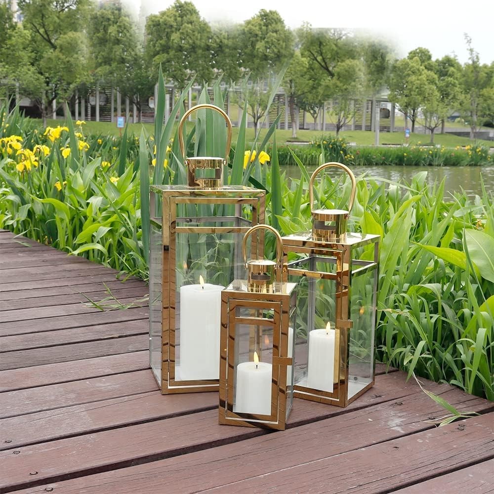 3 Pack Gold Stainless Steel Candle Lanterns Indoor Outdoor Decor