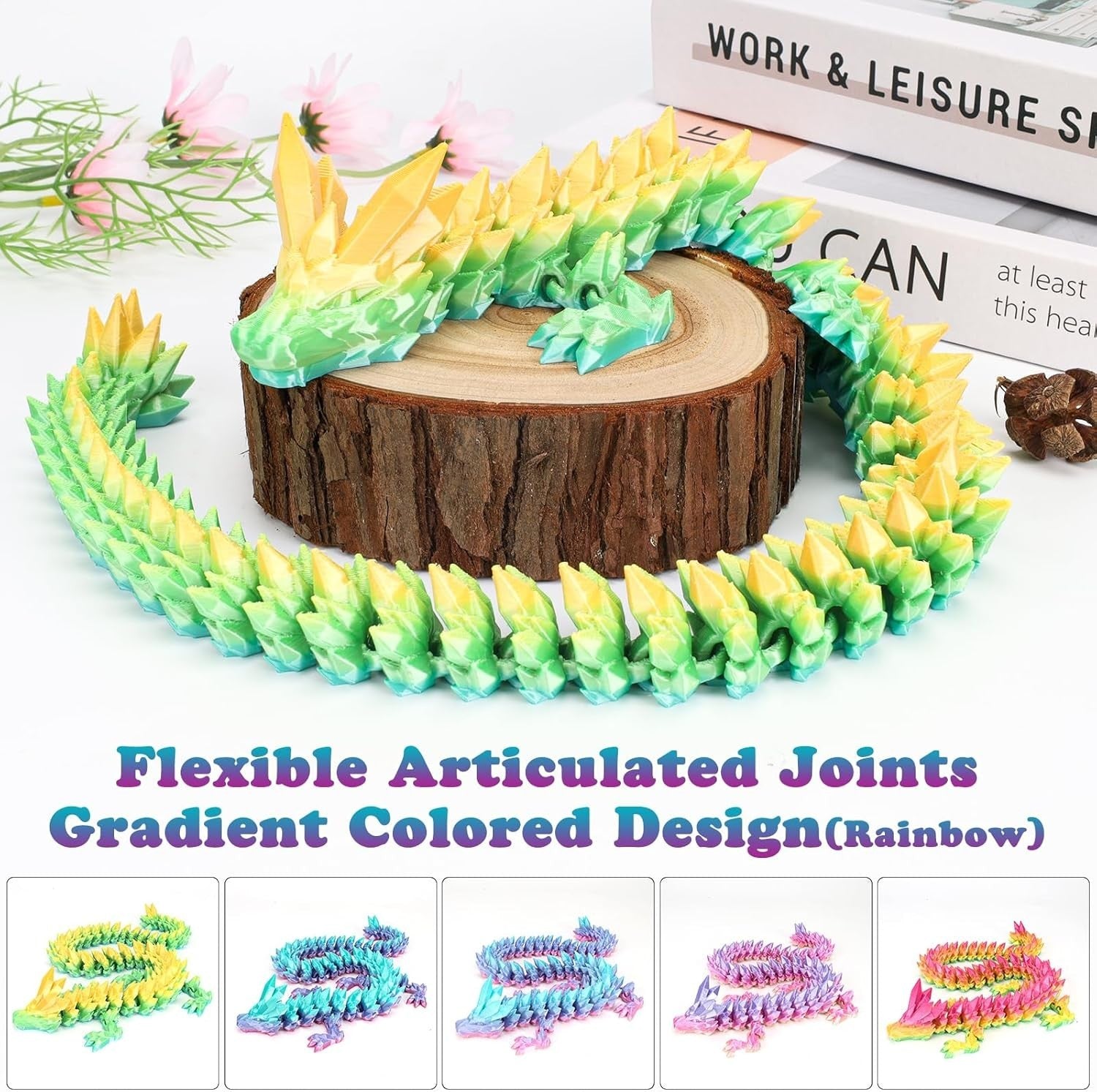 Large 3D Printed Rainbow Crystal Dragon Articulated Fidget Desk Decor