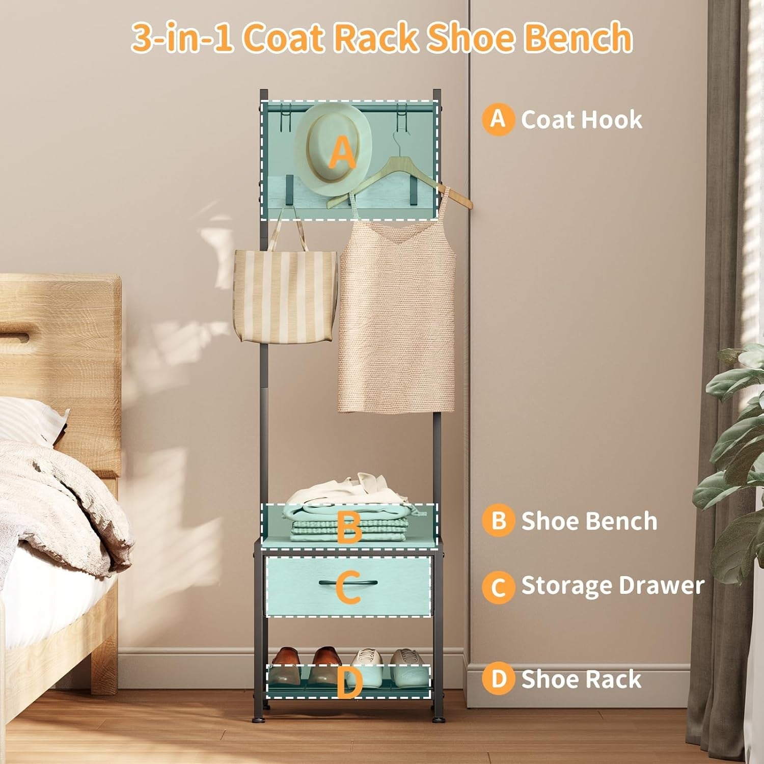 Narrow Coat Rack with Drawer & Shoe Bench | Greige Industrial Hall Stand