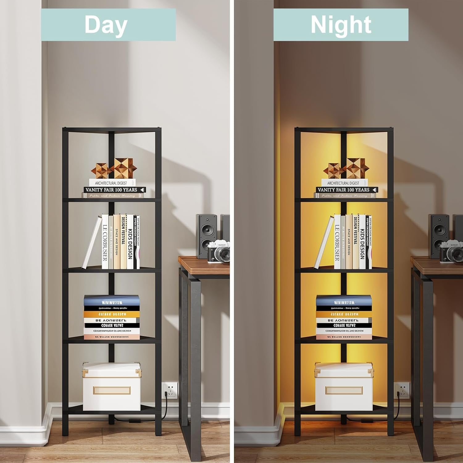 5-Tier Corner Bookshelf with LED Lights Slim Display Storage Unit for Small Spac