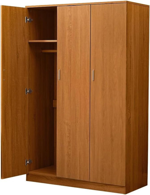 Solid Pine 3 Door Wardrobe with Hanging Rail & Foldable Storage Shelves