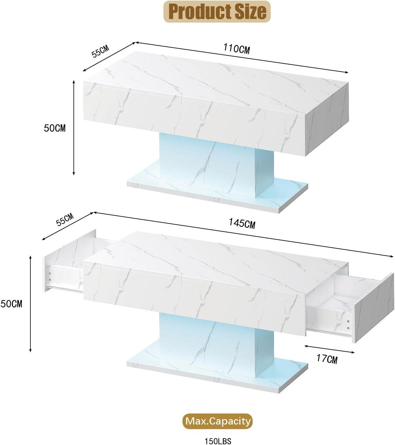 White Marble LED Coffee Table with 2 Drawers, High Gloss 110x55cm