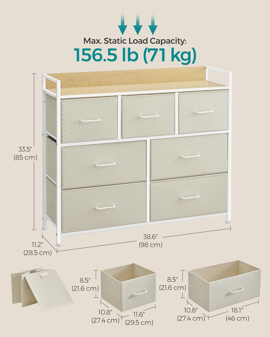 7 Drawer Chest Cream White Oak Fabric Storage Cabinet Bedroom Dresser