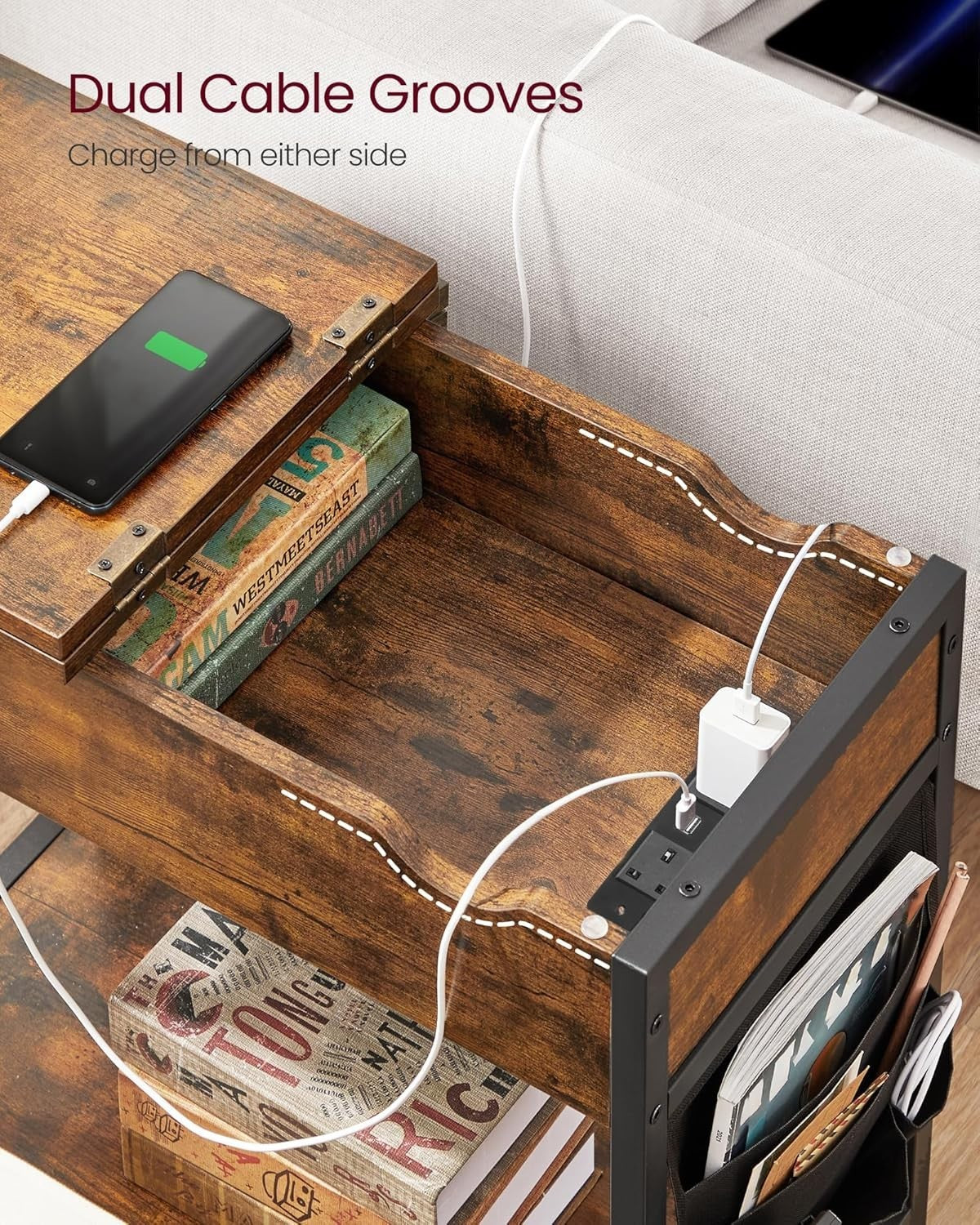 Slim Side Table with Charging Station, USB Ports & Storage, Rustic Brown