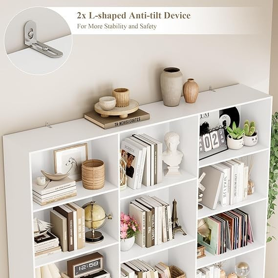 Tall White 6-Tier Bookshelf 188cm Large Display Unit with 17 Shelves for Home