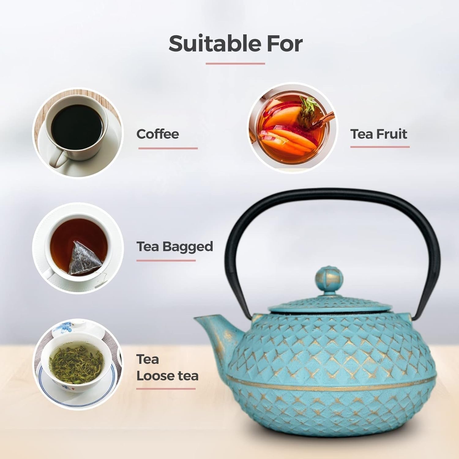 Cast Iron Teapot 900ml Chinese Tetsubin Tea Pot w Infuser Blue Diamond