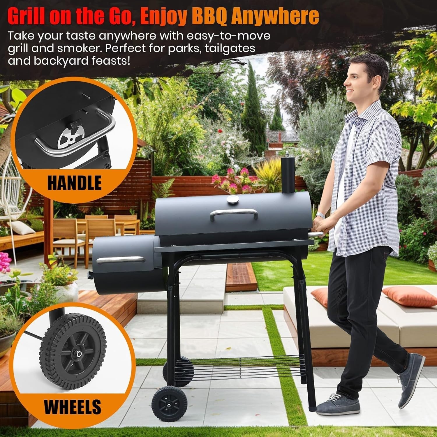 Charcoal BBQ Grill with Offset Smoker | Large Outdoor Drum Barbecue