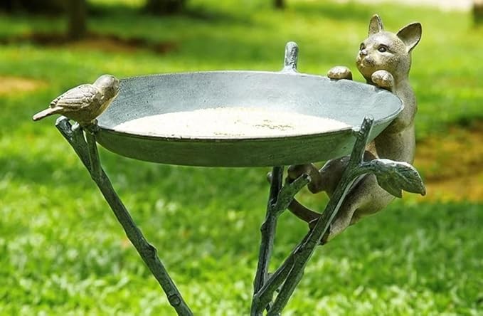 Curious Cat & Bird Aluminium Bird Bath – Elegant Outdoor Garden Ornament