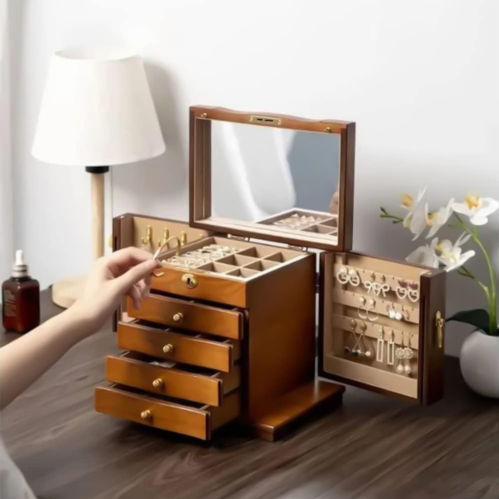Vintage Wooden Jewelry Box Combo Lock Mirror Large Capacity Organizer