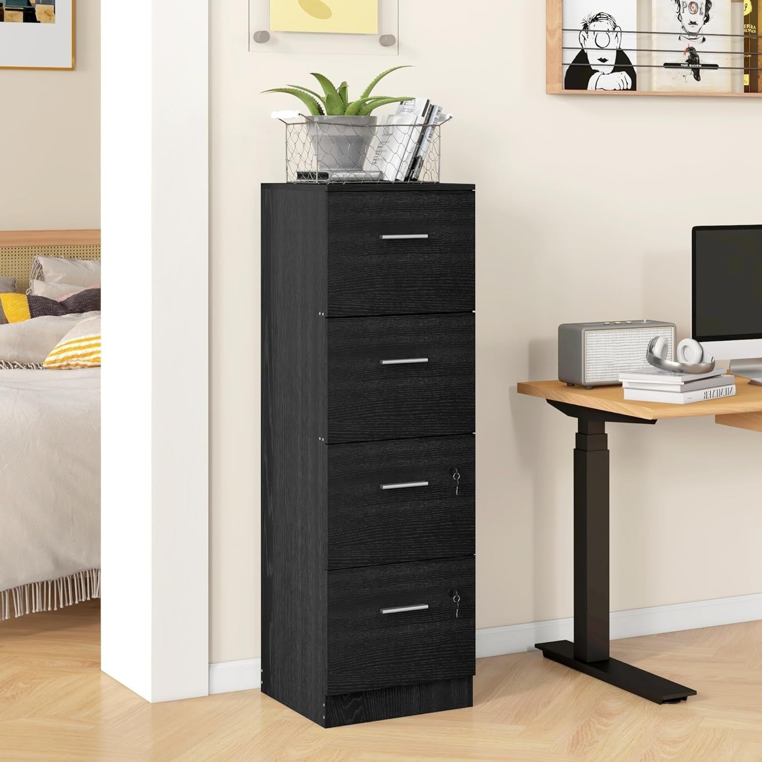 4 Drawer Vertical Filing Cabinet with Lock Office Storage Wood Effect Black