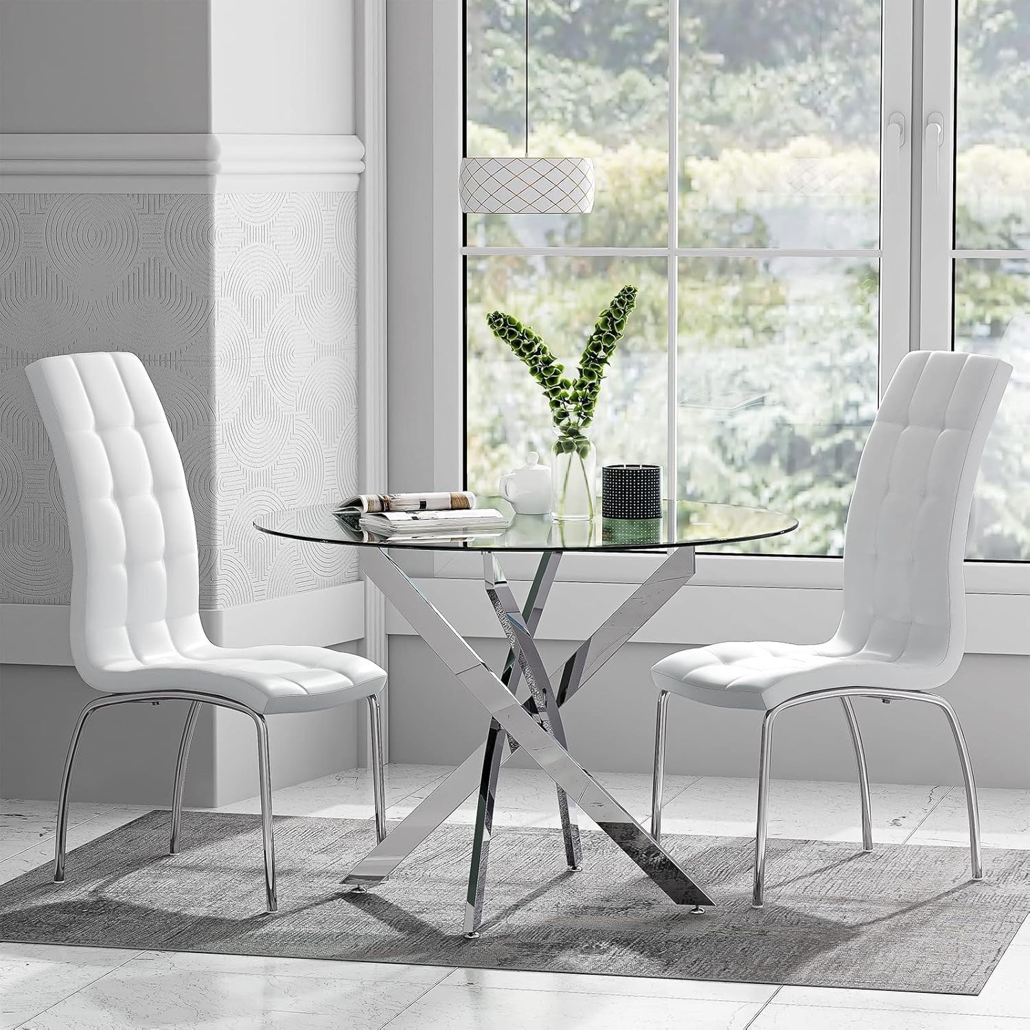 100cm Round Glass Dining Table Set with 2 White Faux Leather Chairs