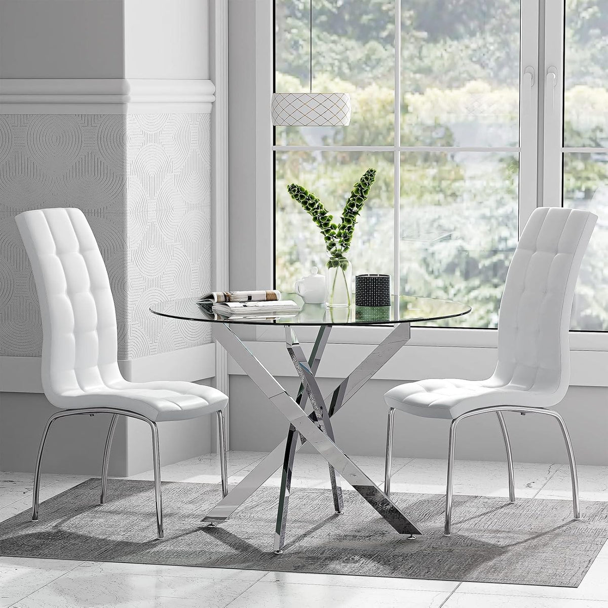 100cm Round Glass Dining Table Set with 2 White Faux Leather Chairs