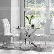 100cm Round Glass Dining Table Set with 2 White Faux Leather Chairs