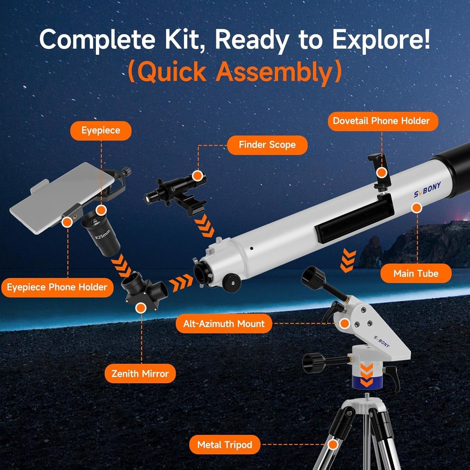 90mm Refractor Telescope 800mm AZ Mount PL10 K25 Barlow Moon Filter