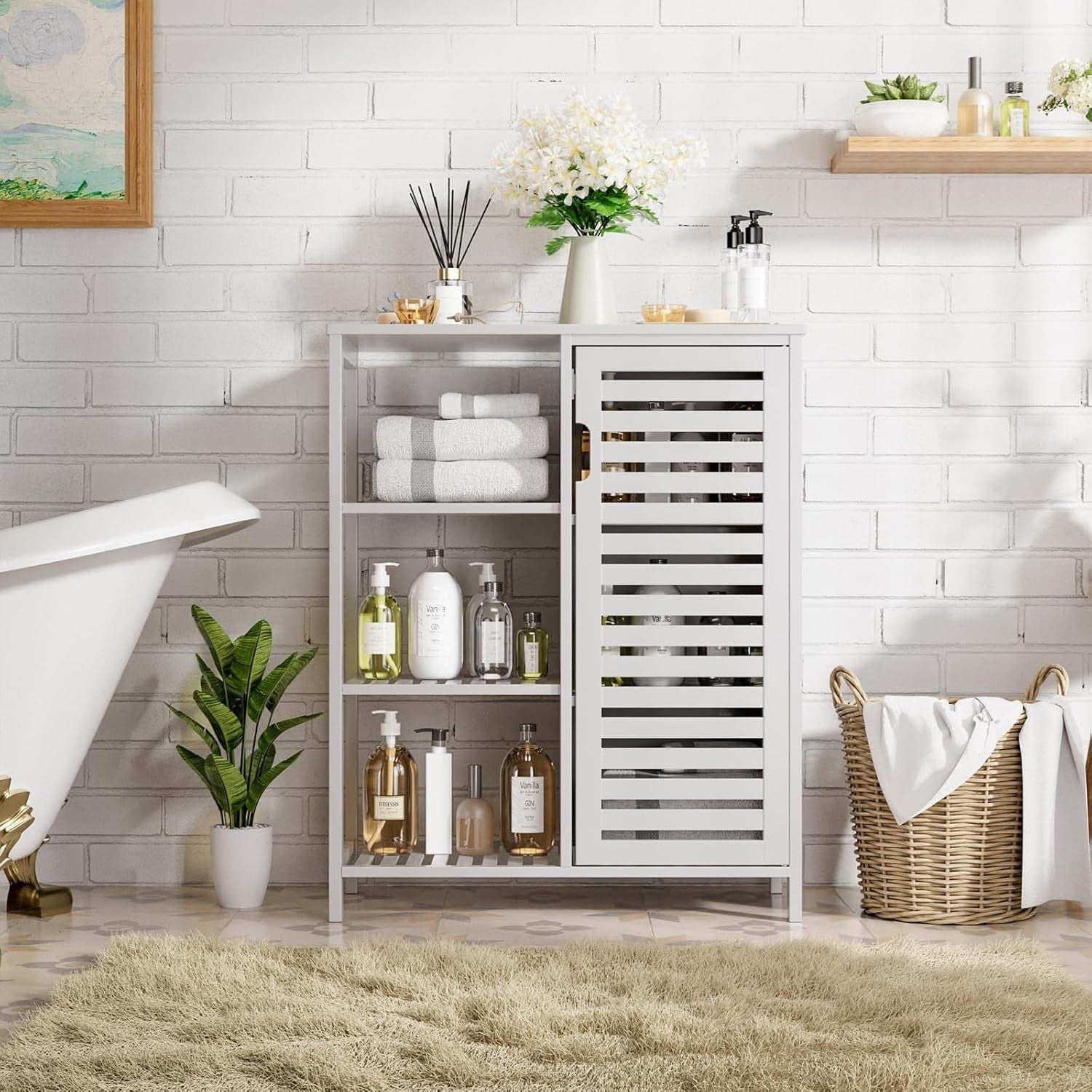White Bamboo Storage Cabinet with Shelves Modern Cupboard 63x33x87cm