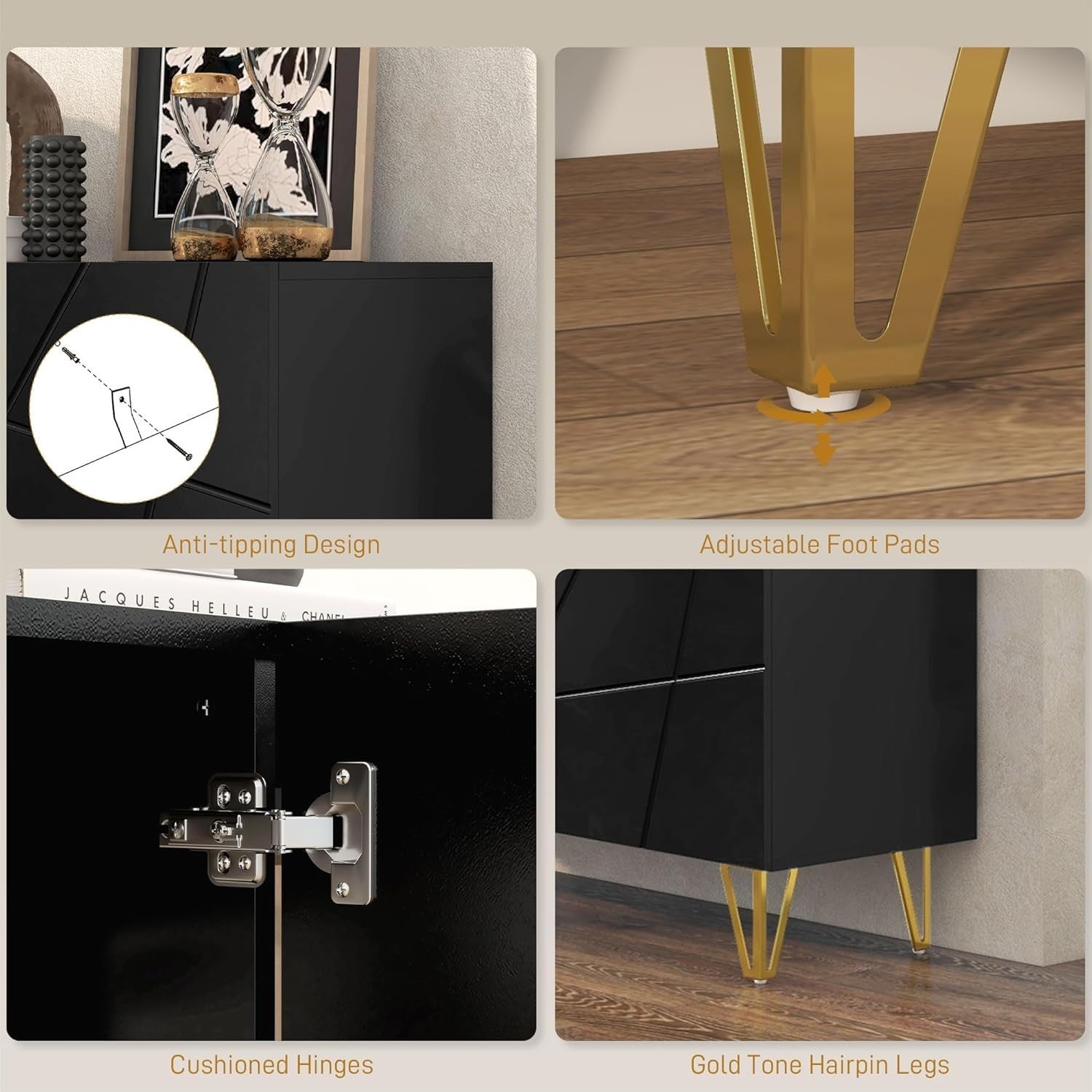 High Gloss Storage Cabinet with Adjustable Shelves Soft-Close Doors Black