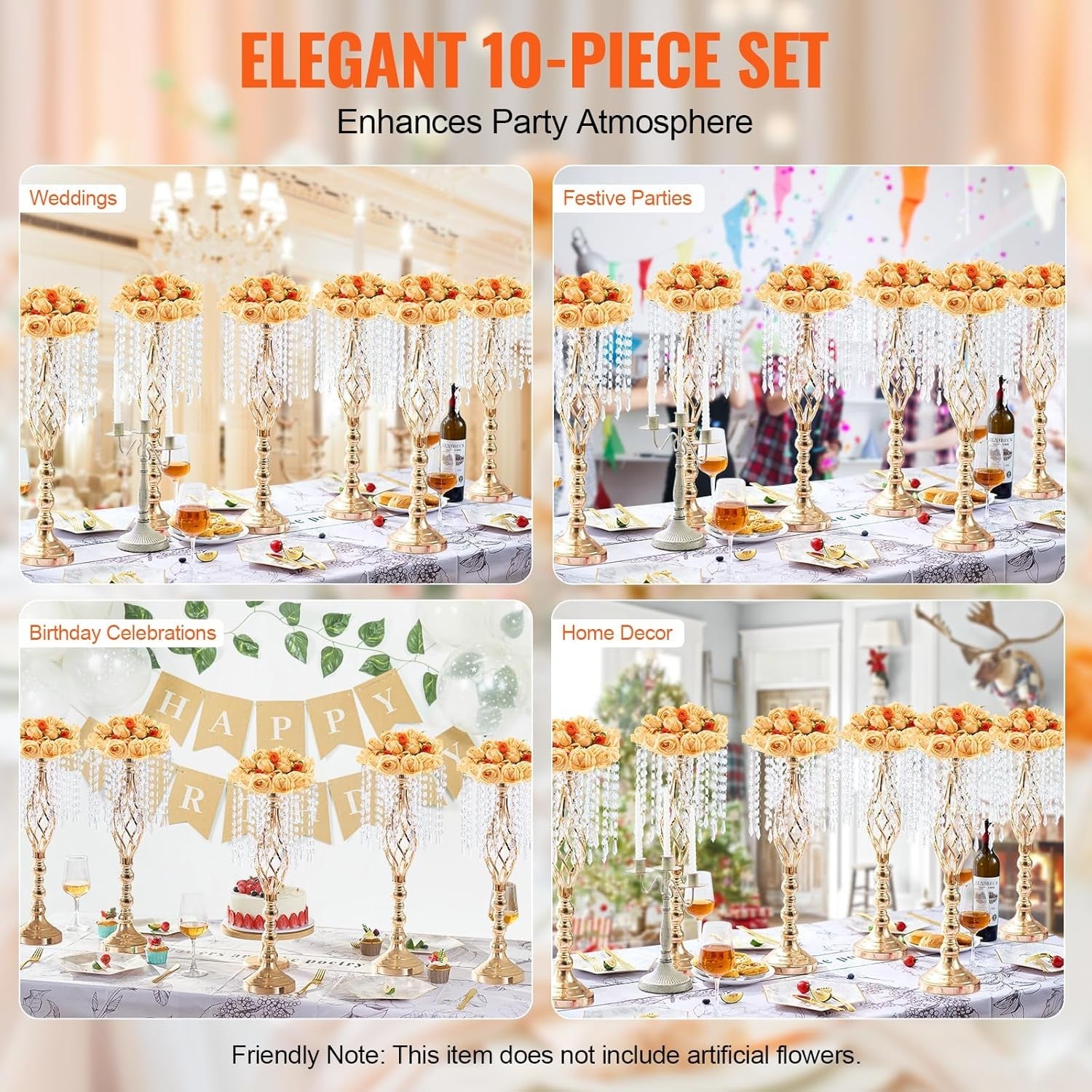10Pcs 55cm Gold Crystal Wedding Flower Stand Tall Table Centerpieces