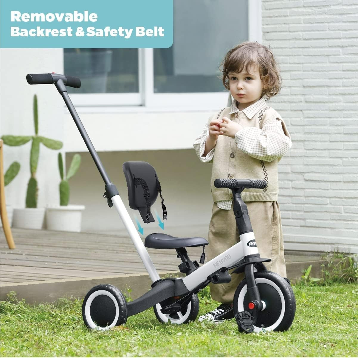 5 in 1 Toddler Tricycle Parent Handle Balance Bike Safety Belt White
