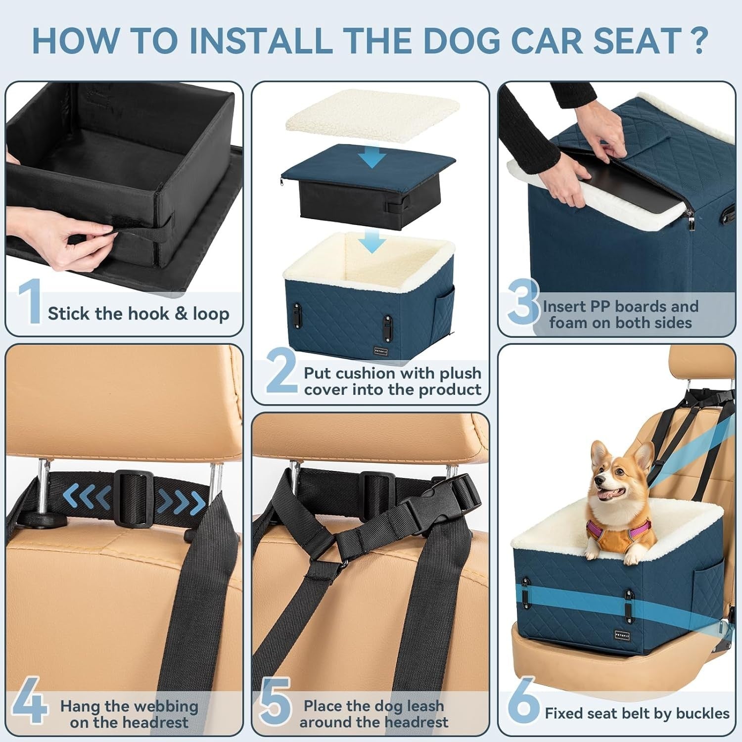 Elevated Dog Booster Car Seat Pet Travel Bed Safety Leash 30lbs Blue